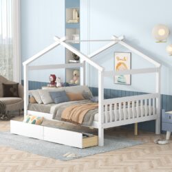 Full Size House Bed With Drawers - White