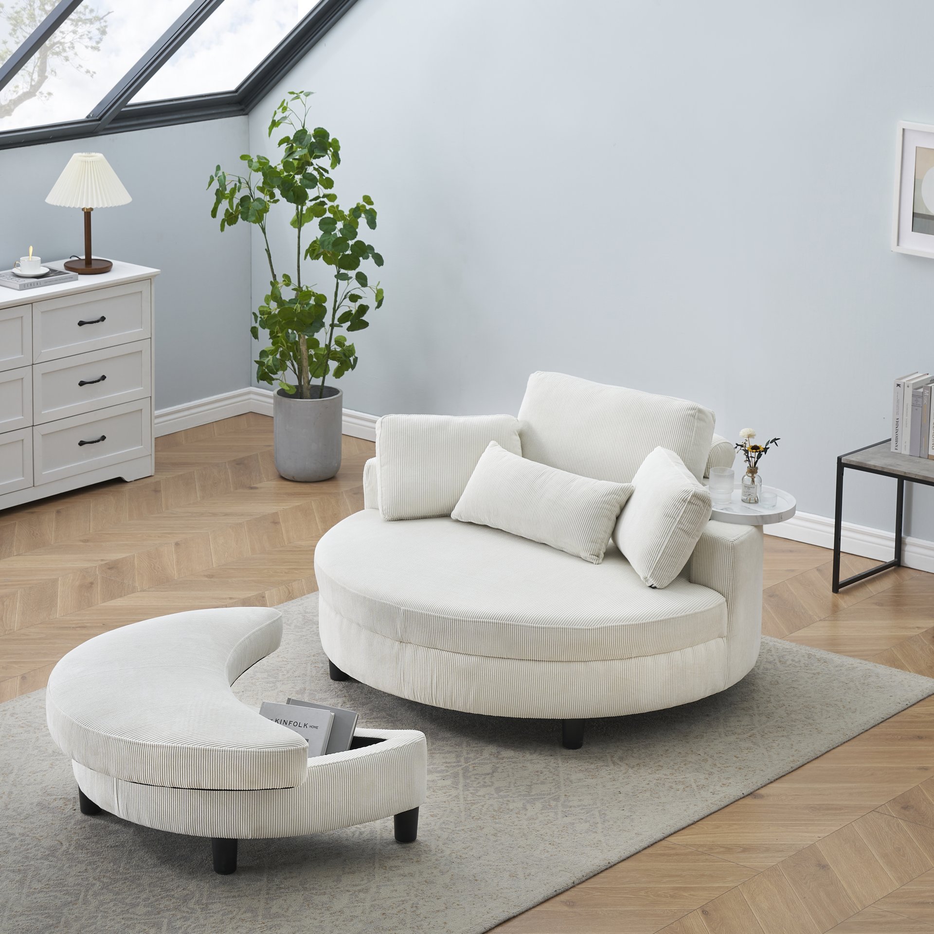 Corduroy Sofa With Two Throw Pillows And A Waist Pillow With An Extra Tray For Comfortable Seating Suitable For Small Apartment Bedroom Space - Beige - Image 5