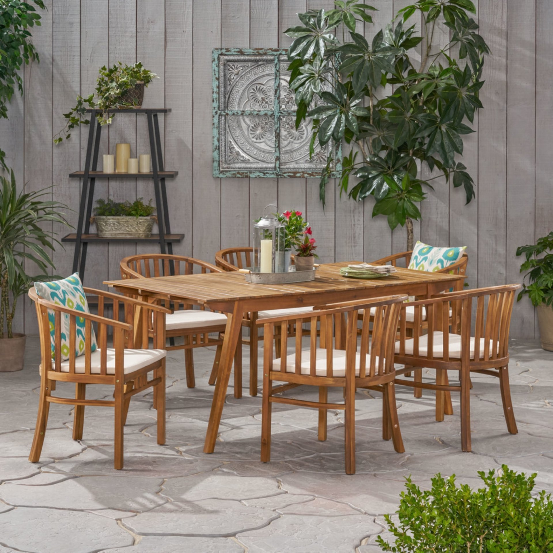 Outdoor 6 Seater Dining Set With Cushins - Cream - Image 2