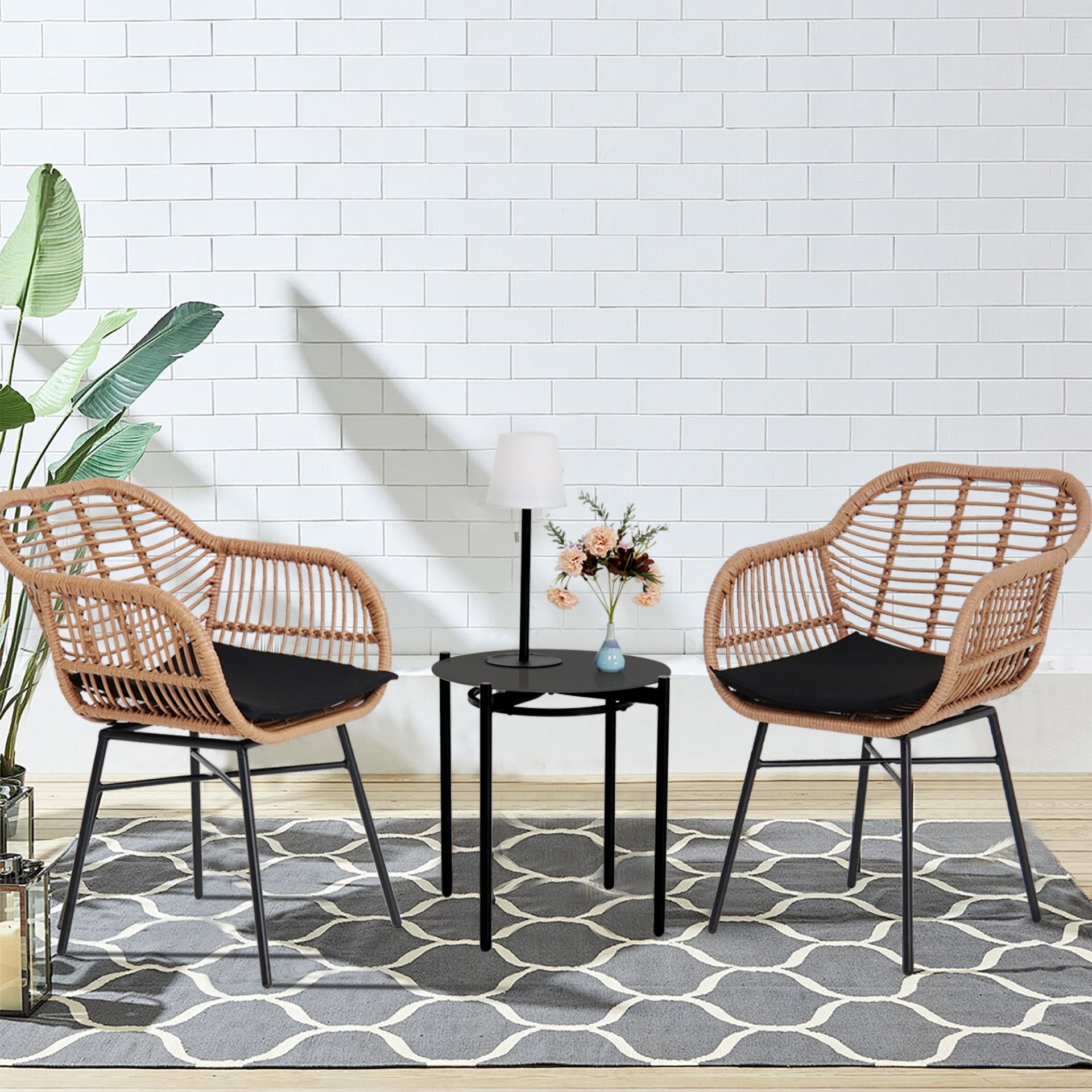 3 Pieces Of Luxury Outdoor Wicker Furniture, Patio Bistro Style Table And Chair Combination, Weather Resistant PE Wicker Weave, Suitable For Garden - Black / Natural - Image 9