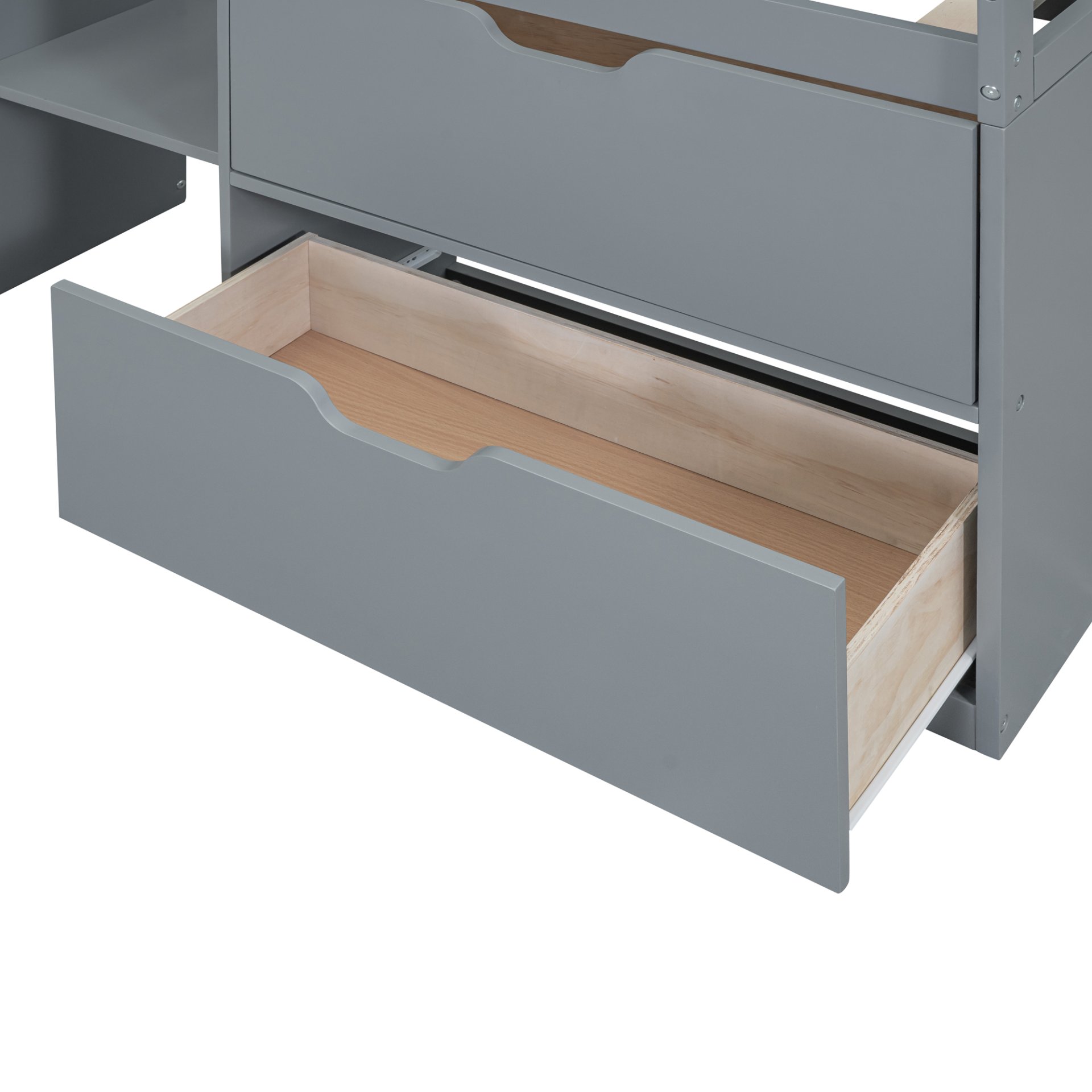 Twin Size Low Loft Bed With Rolling Desk, Shelf And Drawers - Gray - Image 13