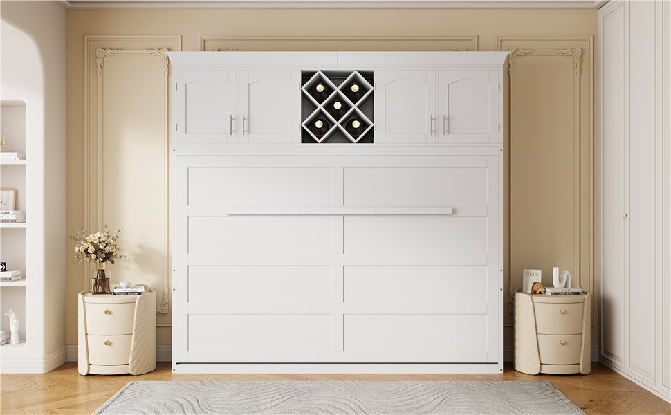 Queen Size Murphy Wall Bed With Top Cabinets & Wine Rack - White - Image 21