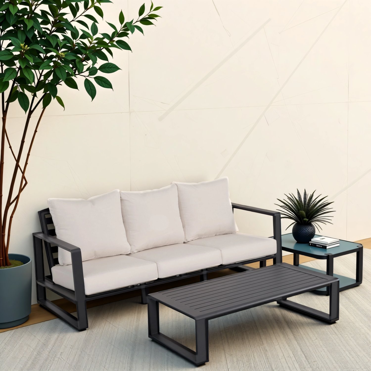 3 Person Sofa With Rectangular Coffee Table, Cushions Tino Tino - Beige - Image 6