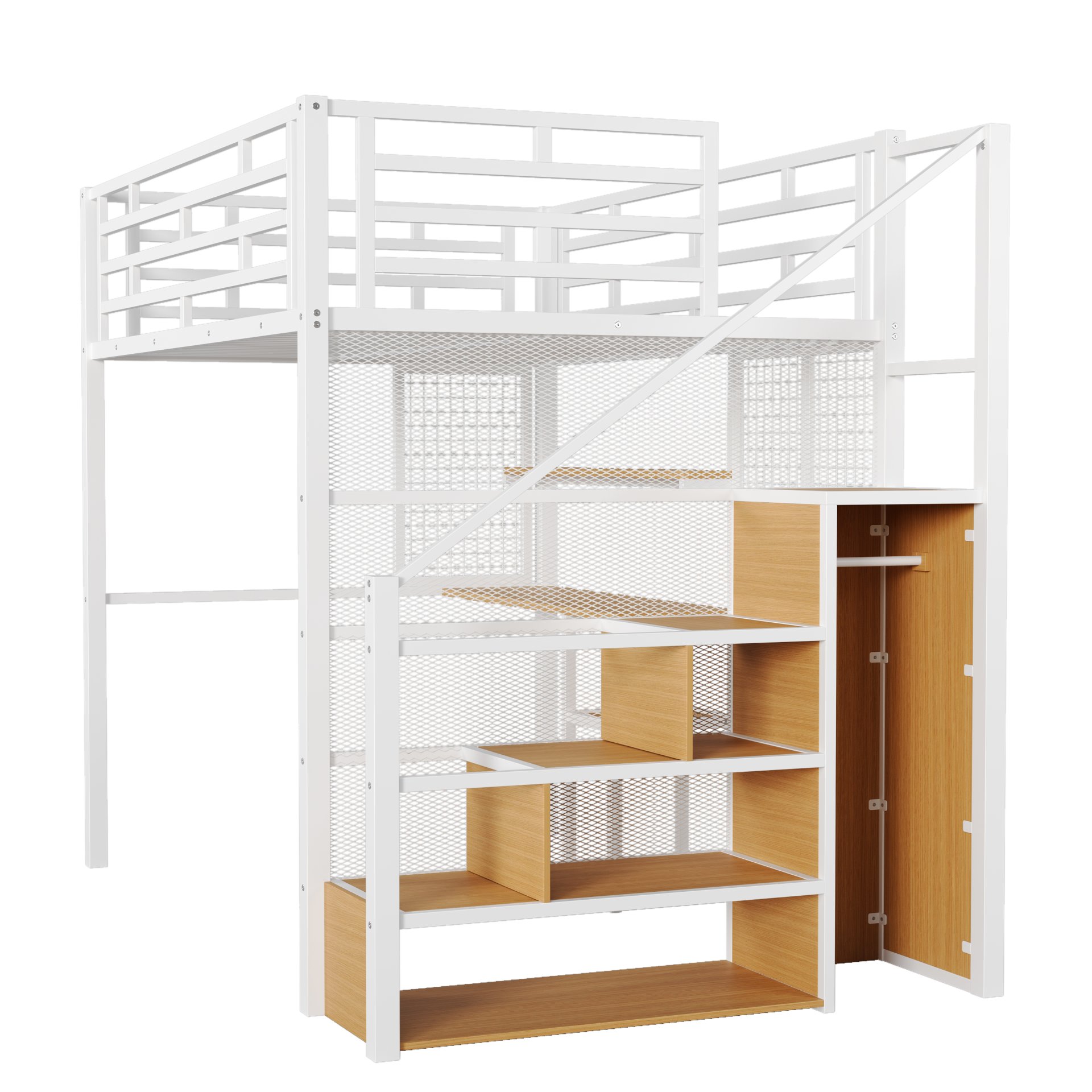 Full Size Metal Loft Bed With Wardrobe, Desk, Storage Shelves - White - Image 7