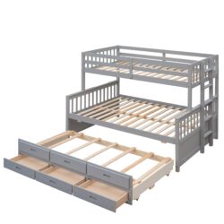 Twin Over Full Bunk Bed With Twin Size Trundle, With Drawers For Bedroom - Gray