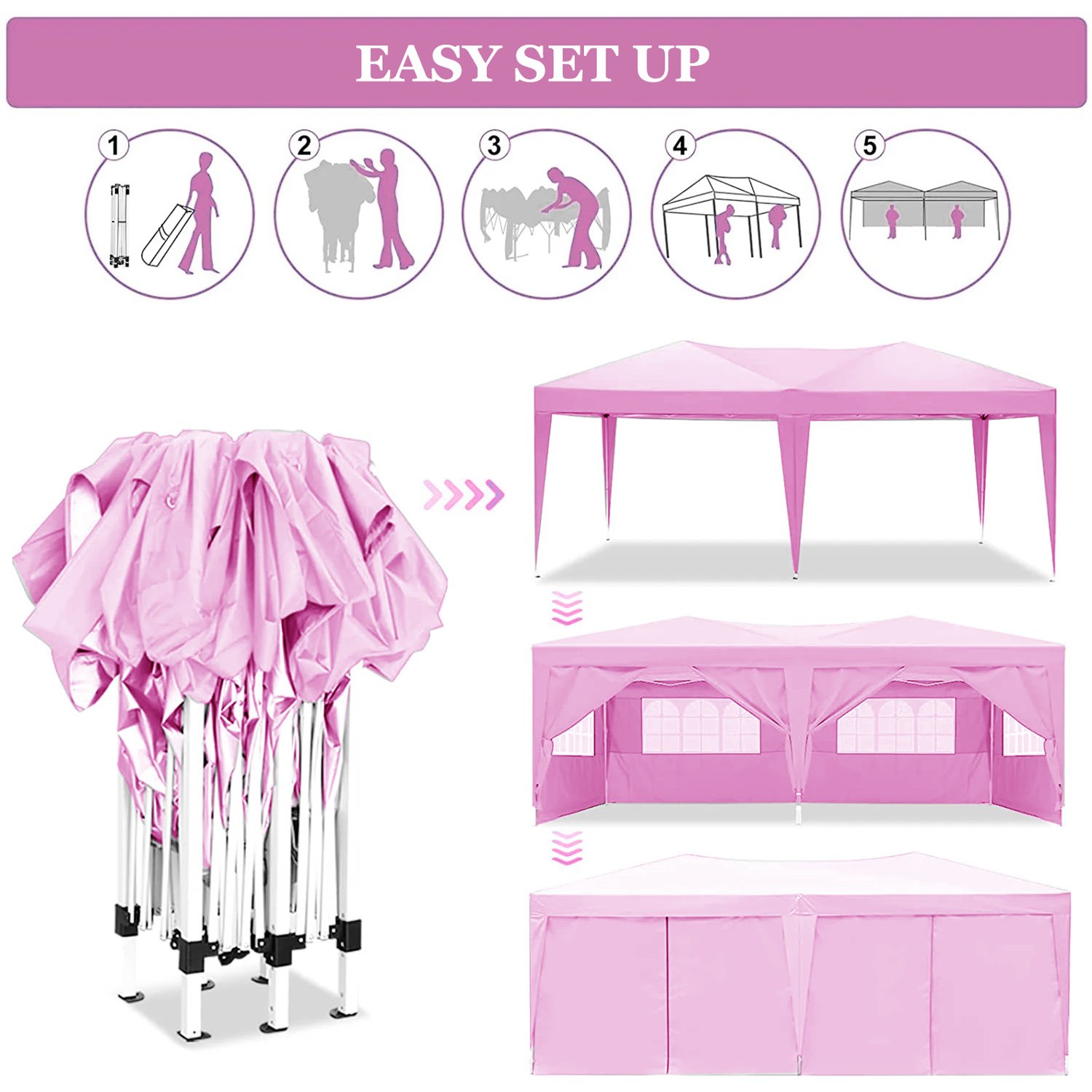 10'X20' Folding Canopy With 6 Removable Sidewalls Outdoor Event Shelter UPF 50+ Gazebo Portable Tents For Parties Beach Camping Wedding Ez Pop Up Canopy - Pink - Image 2