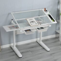 38.18" Hand Crank Adjustable Drafting Table Drawing Desk With 2 Metal Drawers With Stool - White