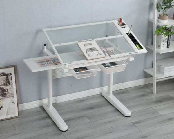 38.18" Hand Crank Adjustable Drafting Table Drawing Desk With 2 Metal Drawers With Stool - White