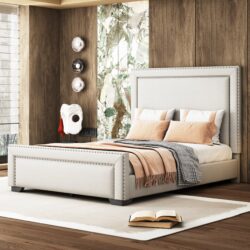 Queen Size Upholstered Bed With Slats Support, No Box Spring Needed - Beige