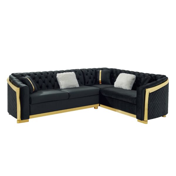 Shaped Chesterfield Sectional Sofa With Stainless Steel Accents Velvet Button Tufted Sofa With 5 Pillows Luxury Couch For Living Room - Black