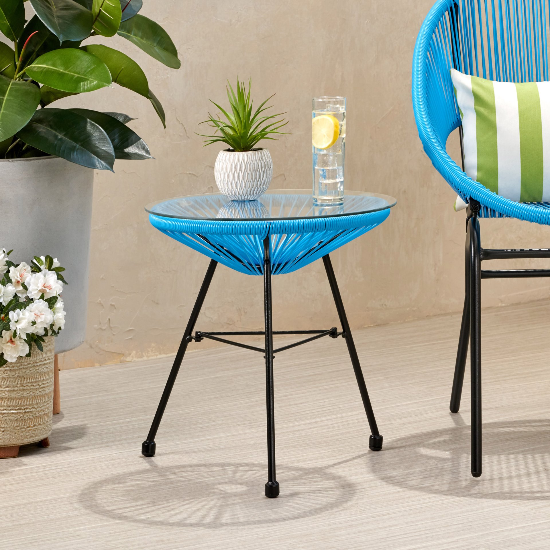 Nusa - Modern Rattan Side Table With Tempered Glass Top - Blue - Image 4