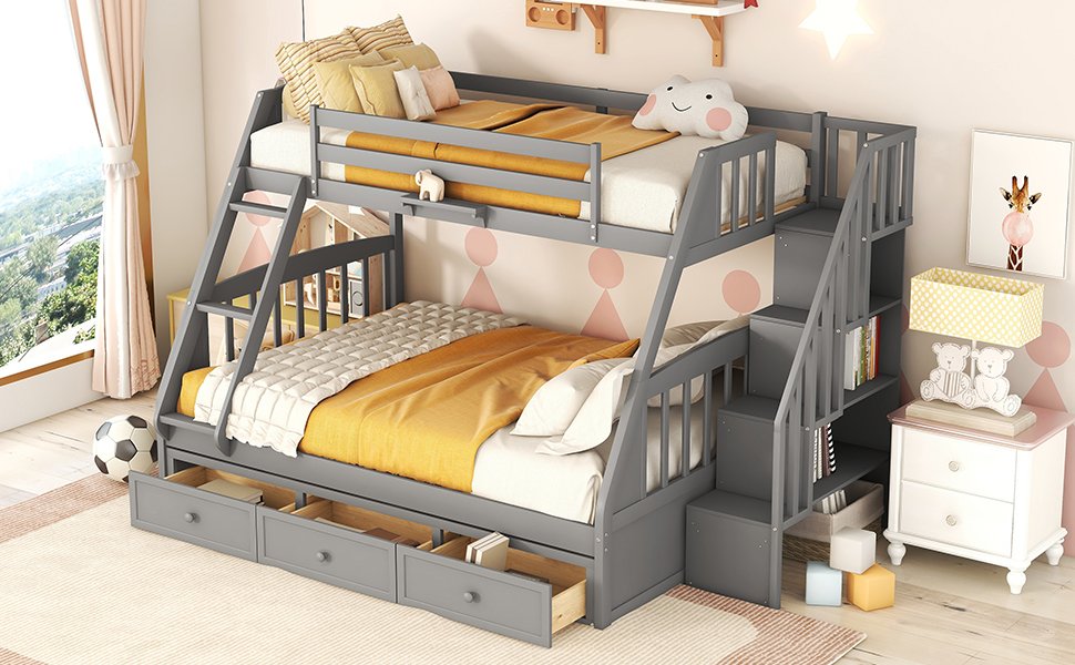 Twin Over Full Bunk Bed With Drawers, Ladder And Storage Staircase - Gray - Image 13