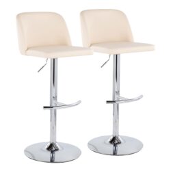 Toriano - Contemporary Adjustable Bar Stool With Rounded T Footrest (Set of 2) - Chrome / Cream