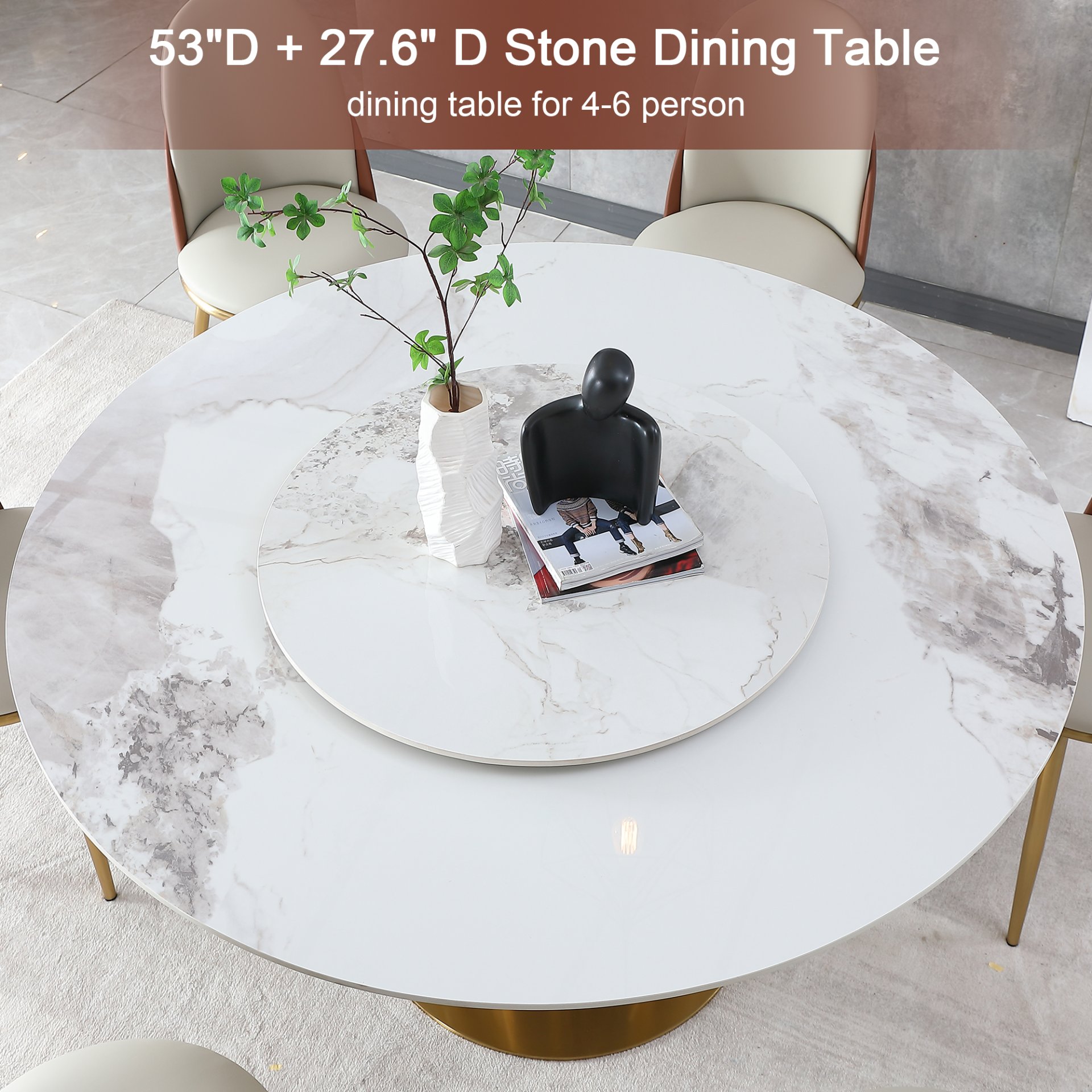 53" Round Marble Dining Table With Lazy Susan, Dining Room, Dinette (Table Only) - Gold / Gold / White - Image 4
