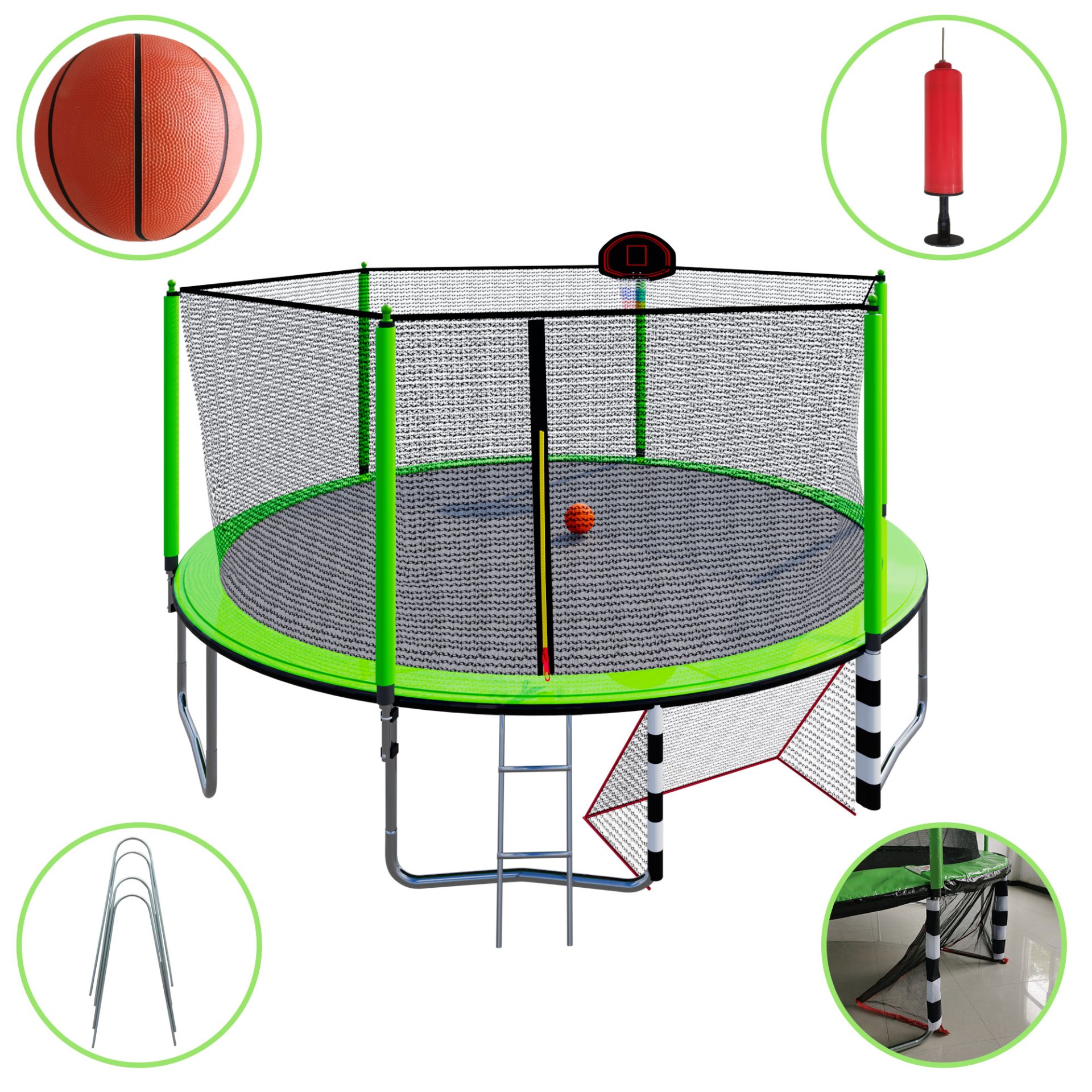 16Ft Trampoline With Basketball Hoop Pump And Ladder (Inner Safety Enclosure) With Soccer Goal - Green - Image 23