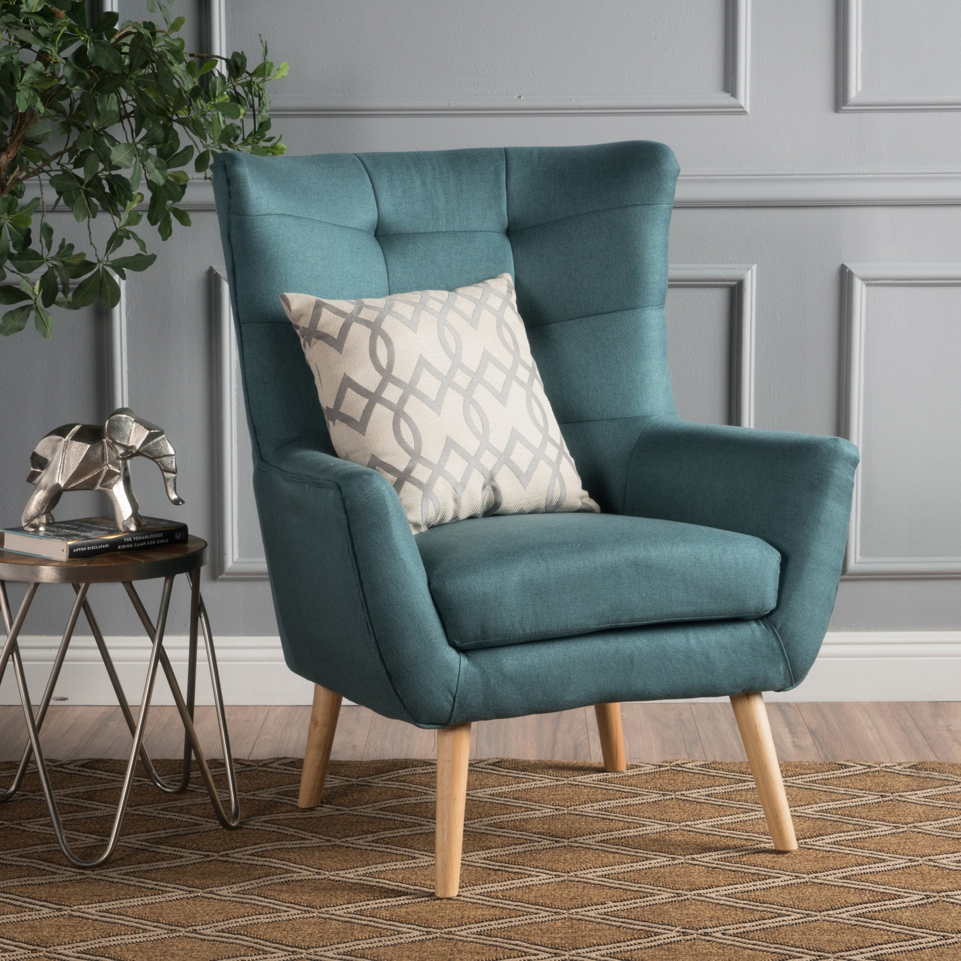 Mid Century Modern Club Chair With Tufted Back And Rubberwood Legs - Teal - Image 6