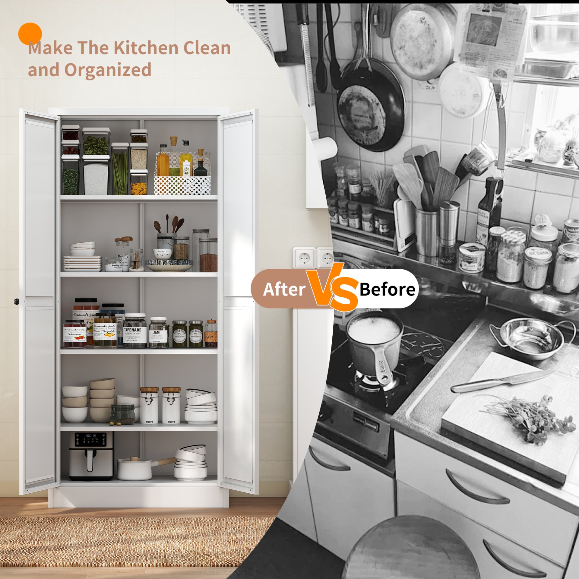 Metal Kitchen Pantry Cabinet With Adjustable Storage And 4 Heavy Duty Shelves - White - Image 10