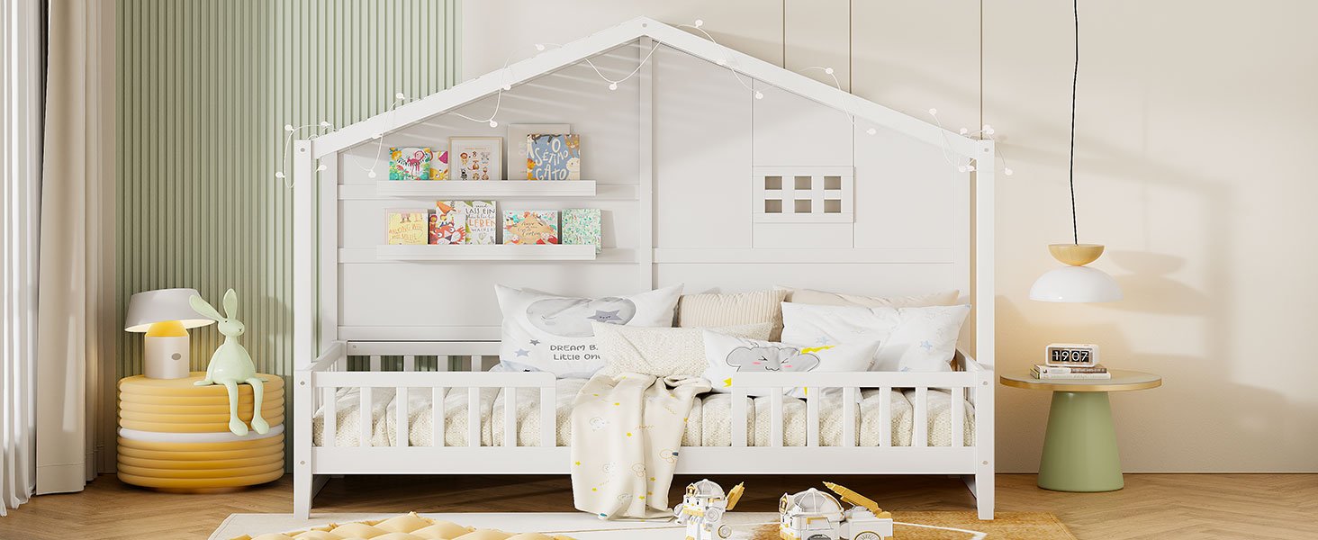 Twin Size House Bed With Shelves, Window And Sparkling Light Strip On The Roof - White - Image 22