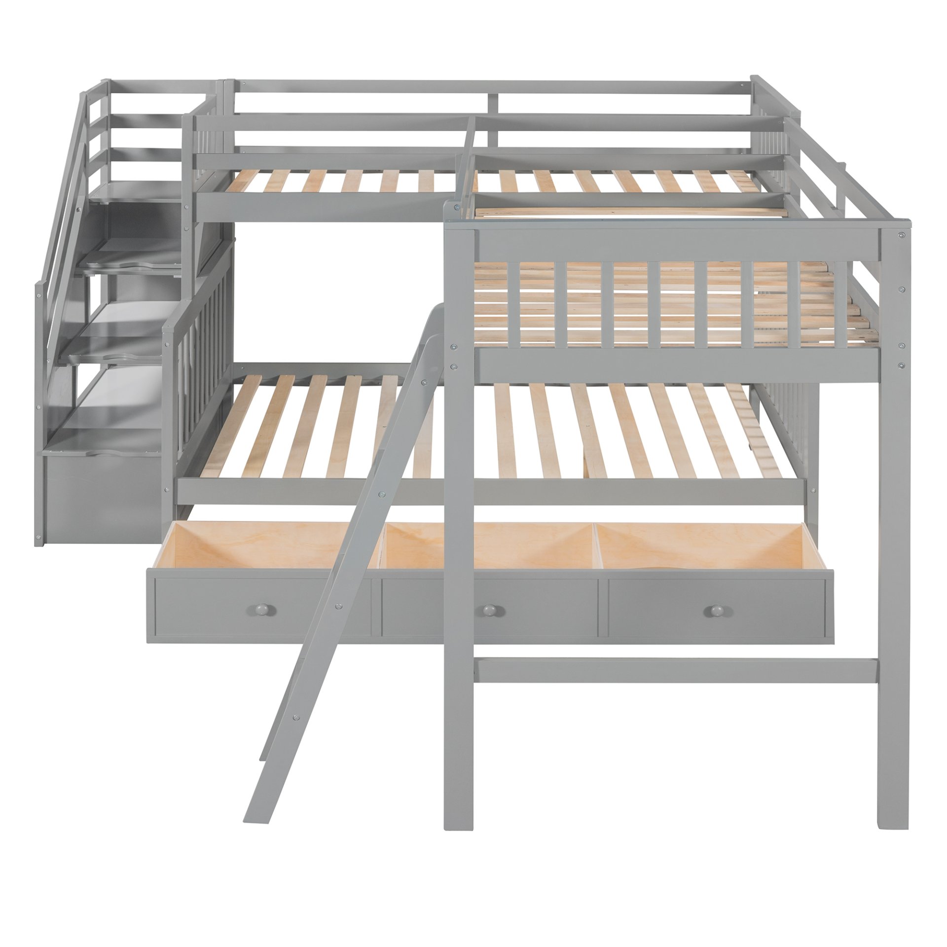 Twin Over Full L Shaped Bunk Bed & 3 Drawers, Ladder And Staircase - Gray - Image 6