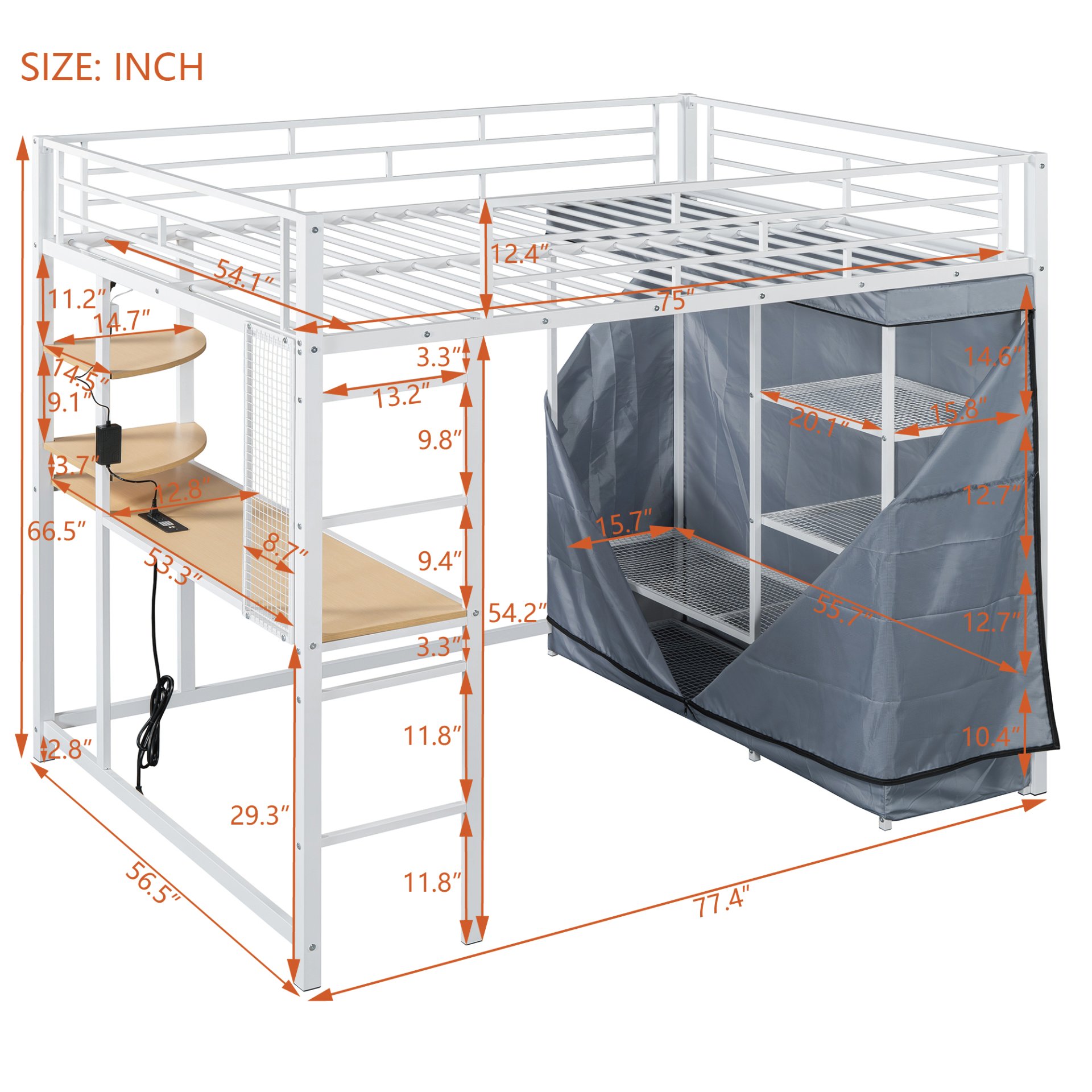 Full Size Loft Bed With Desk, Shelves, Power Outlet, LED Light And Wardrobe - White - Image 7