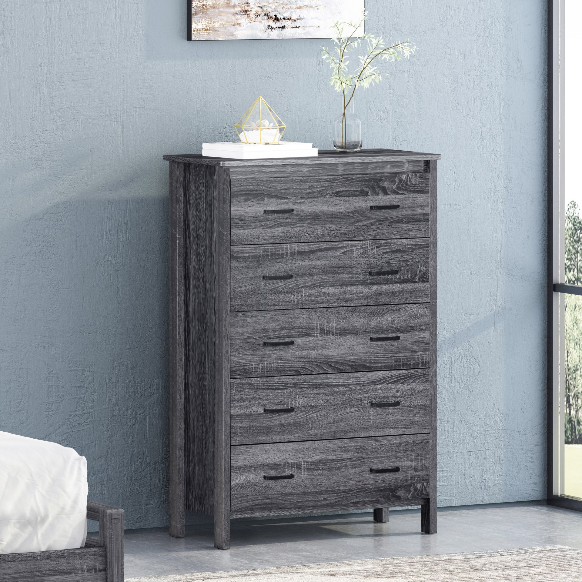 Titeca - Contemporary Wood 5 Drawer Dresser - Dark Gray - Image 5