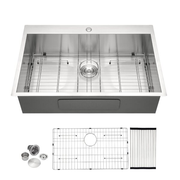 33 X 22" Kitchen Sink Drop In 16 Gauge Stainless Steel Single Bowl Topmount Basin - Brushed Nickel