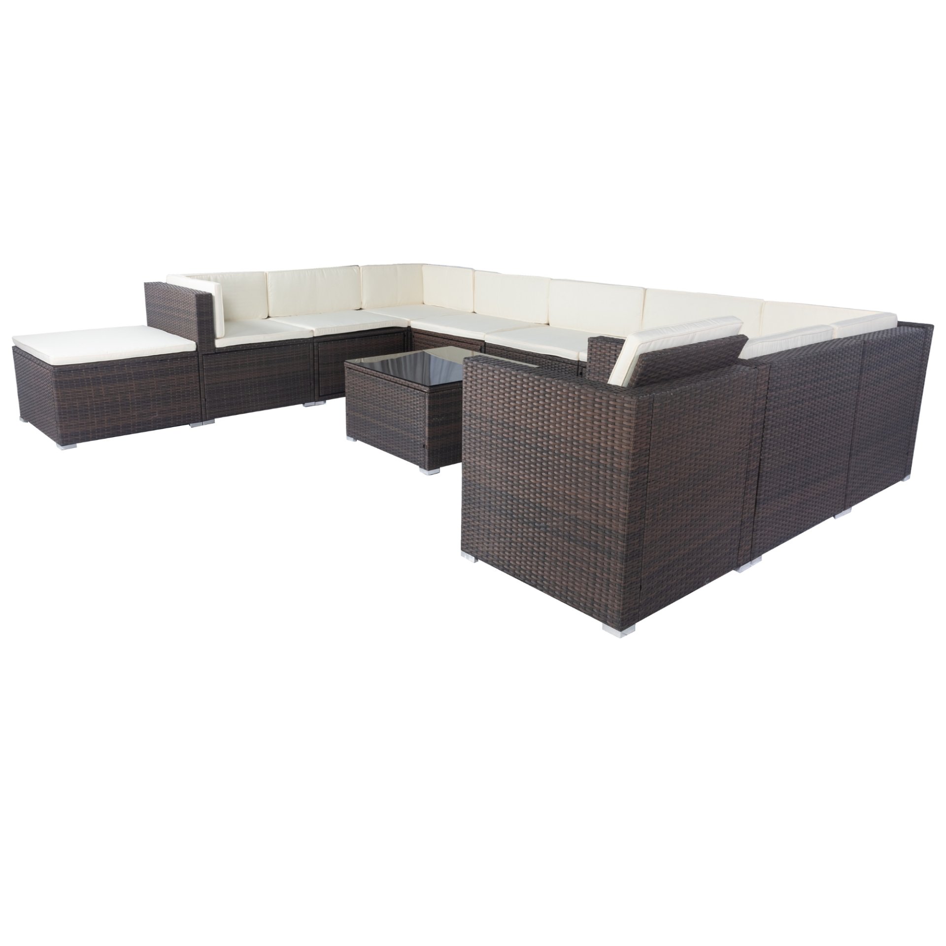 11 Piece Patio Wicker Conversation Set, 10 Seater Patio Sectional Set With 3 Storage Box Under Seat - Brown / White - Image 20