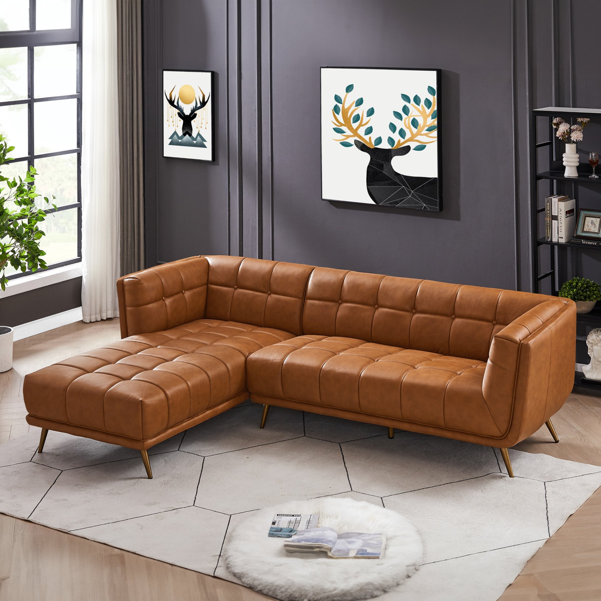 Addison - Left Sectional Leather Sofa - Cognac - Image 2