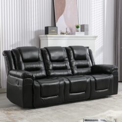 3 Seater Home Theater Recliner Manual Recliner Chair With Two Built-In Cup Holders For Living Room - Black