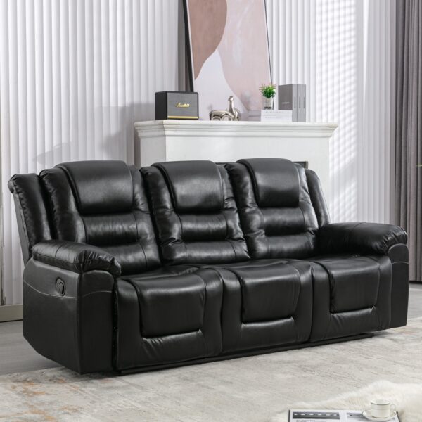 3 Seater Home Theater Recliner Manual Recliner Chair With Two Built-In Cup Holders For Living Room - Black