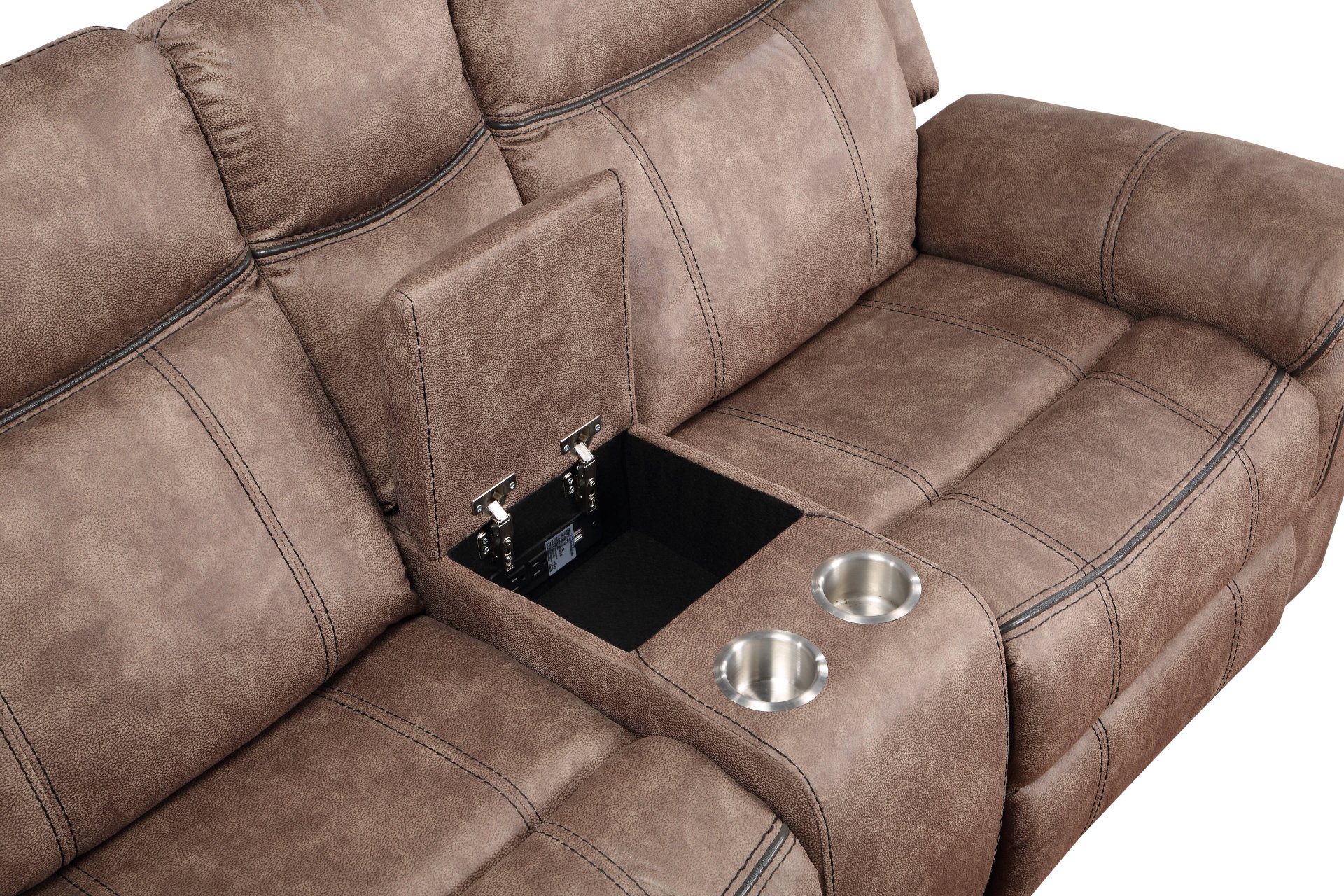 Dollum - Two Tone Nubuck Manual Recliner Sectional Sofa With USB Port Cupholder Console - Chocolate - Image 8