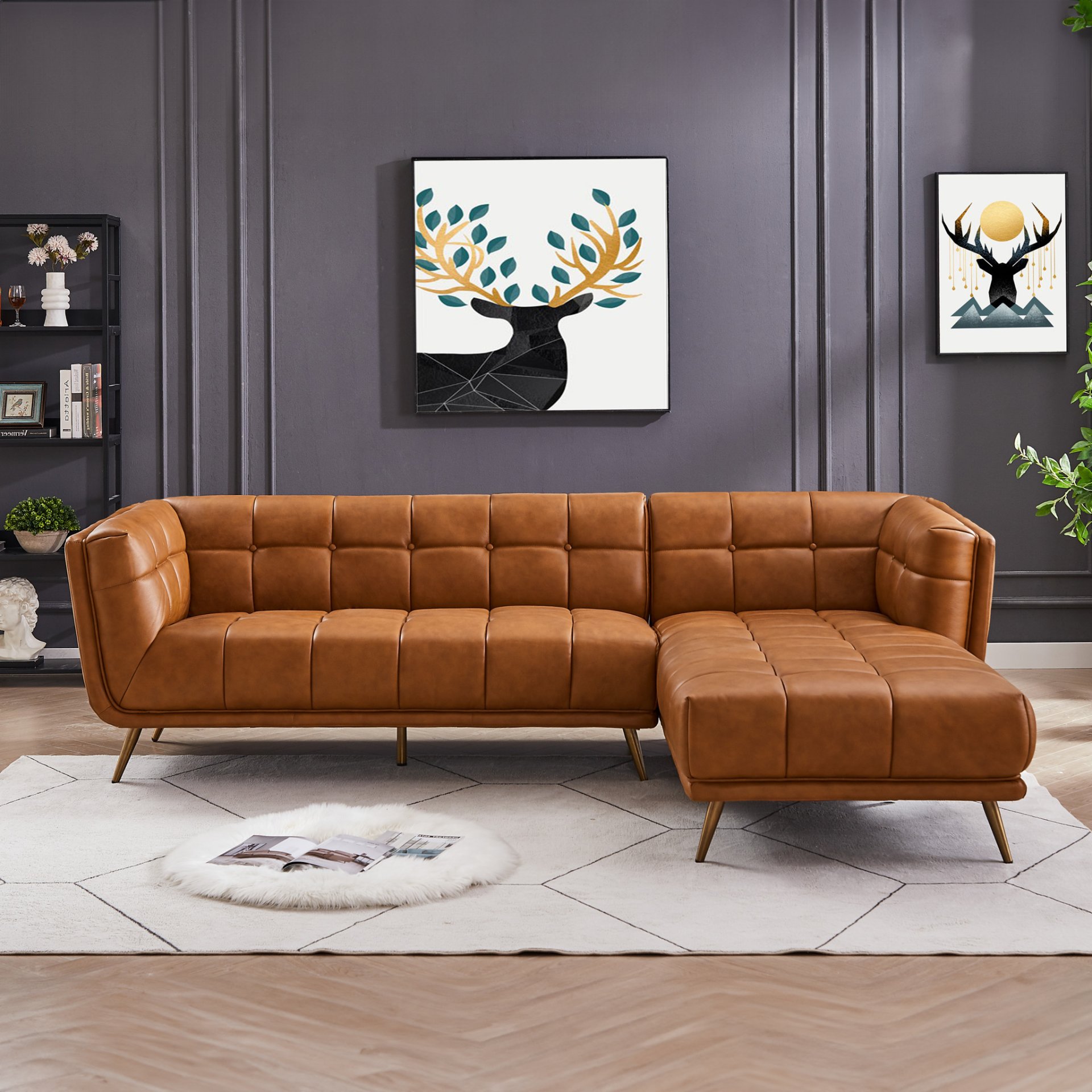 Addison - Right Sectional Leather Sofa - Cognac - Image 7