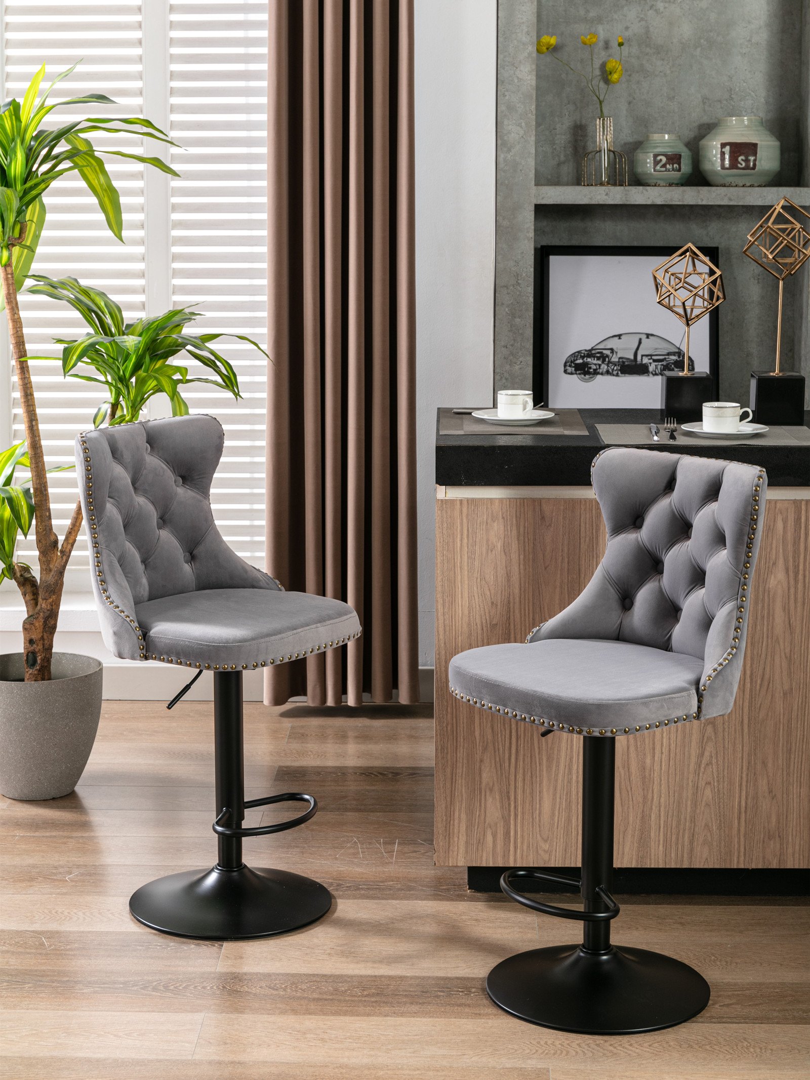 Swivel Velvet Barstools Adjusatble Seat Height, Modern Upholstered Bar Stools With Backs Comfortable Tufted For Home Pub And Kitchen Island (Set of 2) - Gray - Image 15