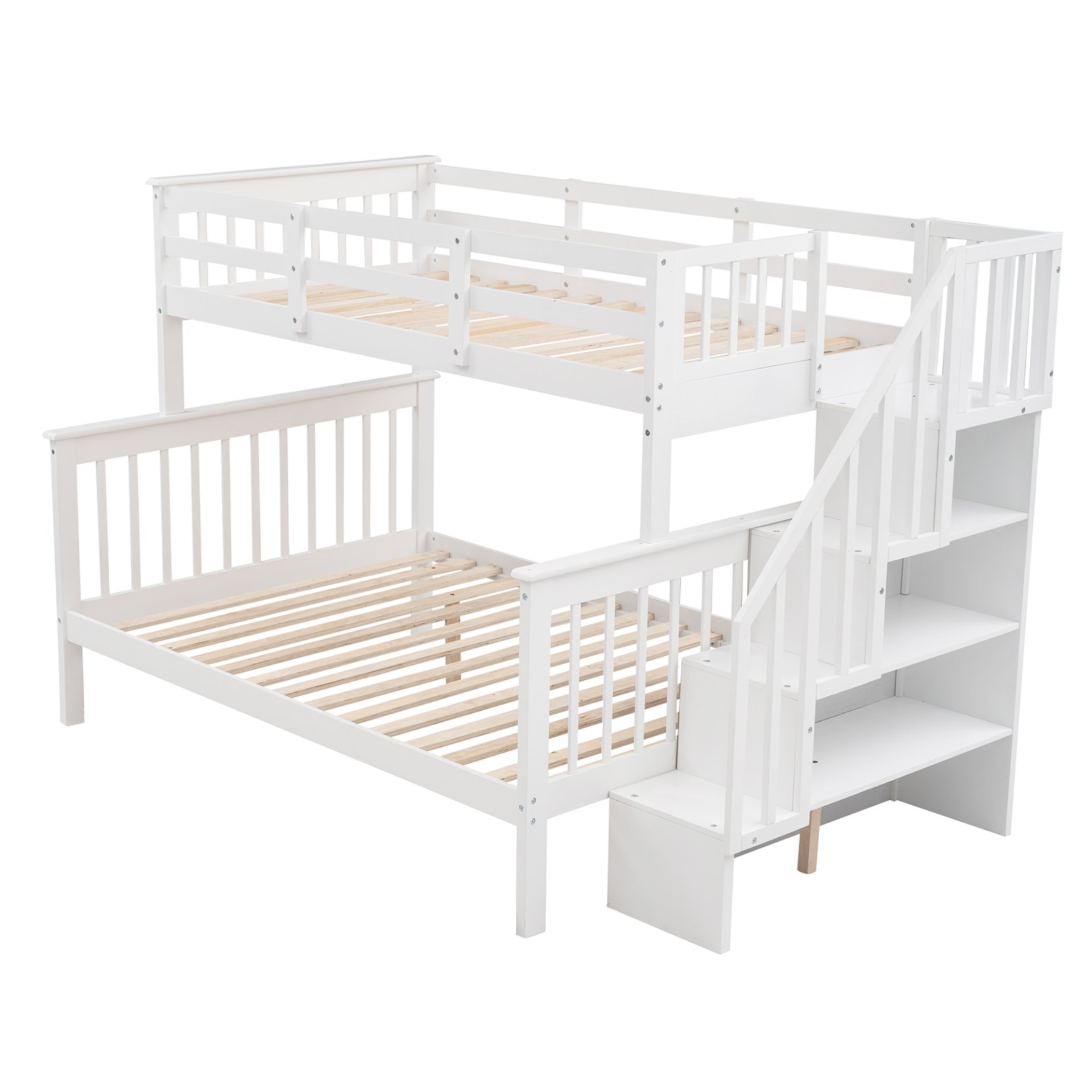 Twin Over Full Bunk Bed Stairway With Storage And Guard Rail For Bedroom - White - Image 7