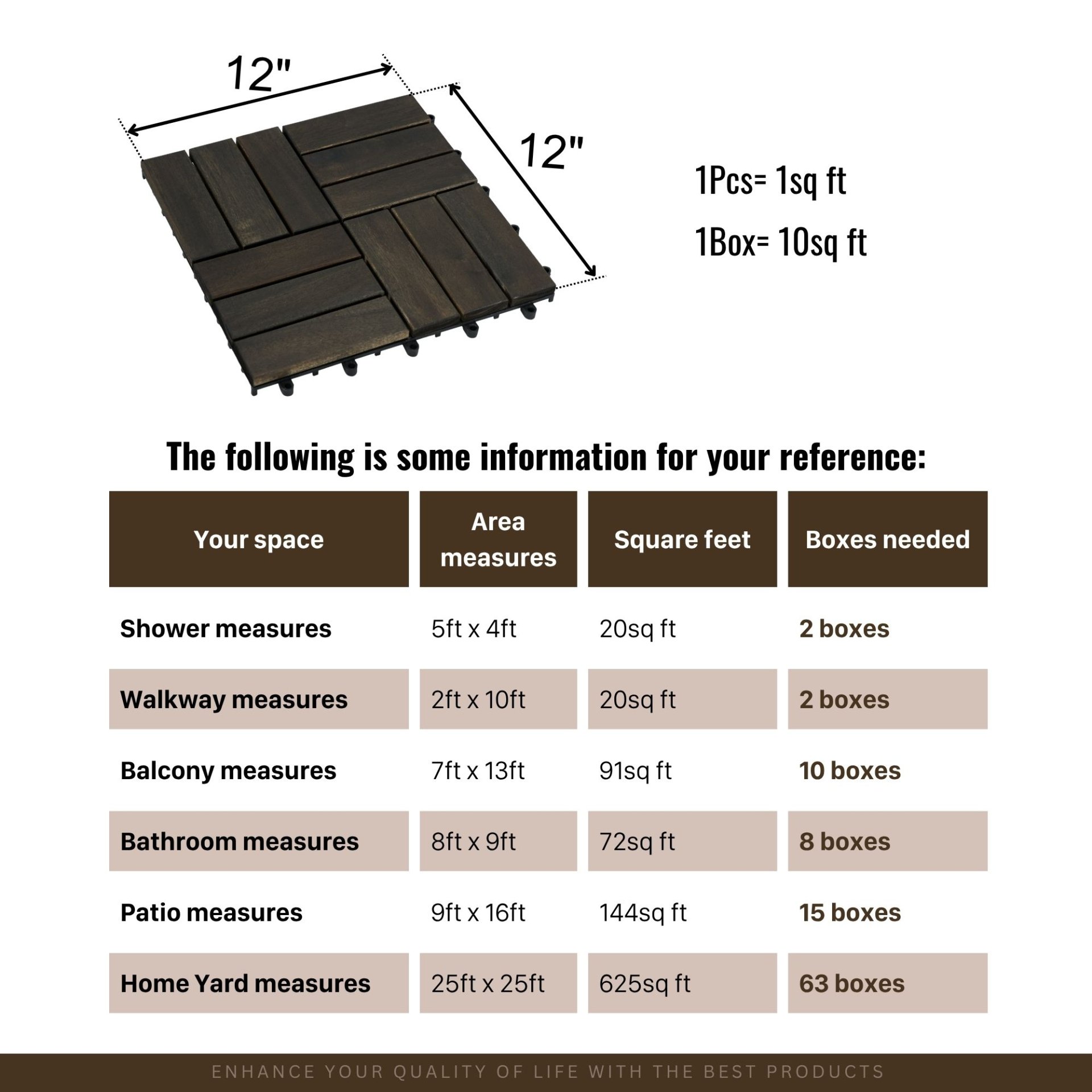 Acacia Wood Interlocking Deck Tiles Checker Pattern Outdoor Flooring - Dark Brown - Image 6