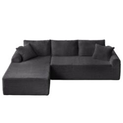 Full Compression Chaise Lounge Set Modular Corduroy Sectional With Arched Armrests Non Slip Base Includes 3 Back Cushions & 2 Throw Pillows - Dark Gray