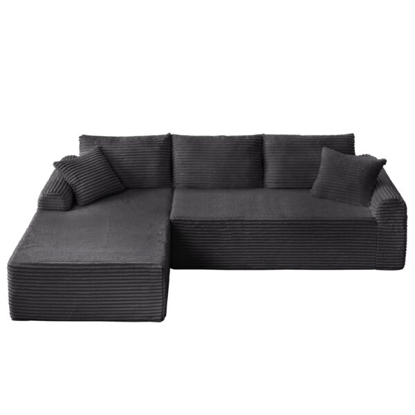 Full Compression Chaise Lounge Set Modular Corduroy Sectional With Arched Armrests Non Slip Base Includes 3 Back Cushions & 2 Throw Pillows - Dark Gray