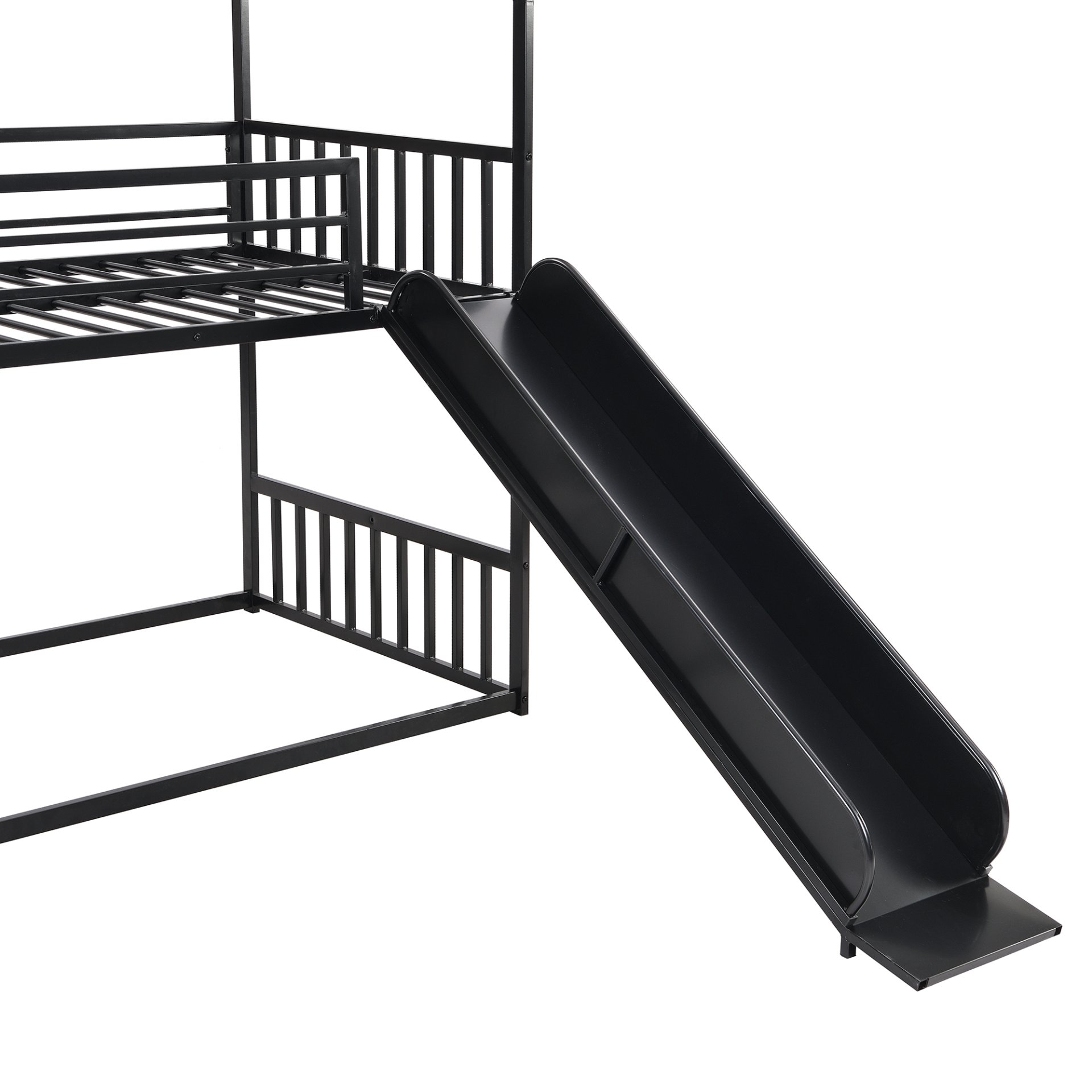 Twin Size Metal Bunk Bed House Bed With Slide And Staircase - Black - Image 11