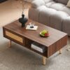 Rattan Coffee Table Sliding Door For Storage Legs Modern Table For Living Room - Walnut - Image 6