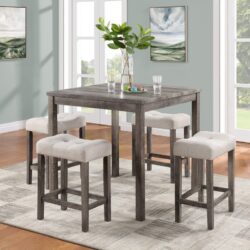Lucian - 5 Piece Counter Height Pub Table With Tufted Linen Stools (Set of 5) - Creamy White