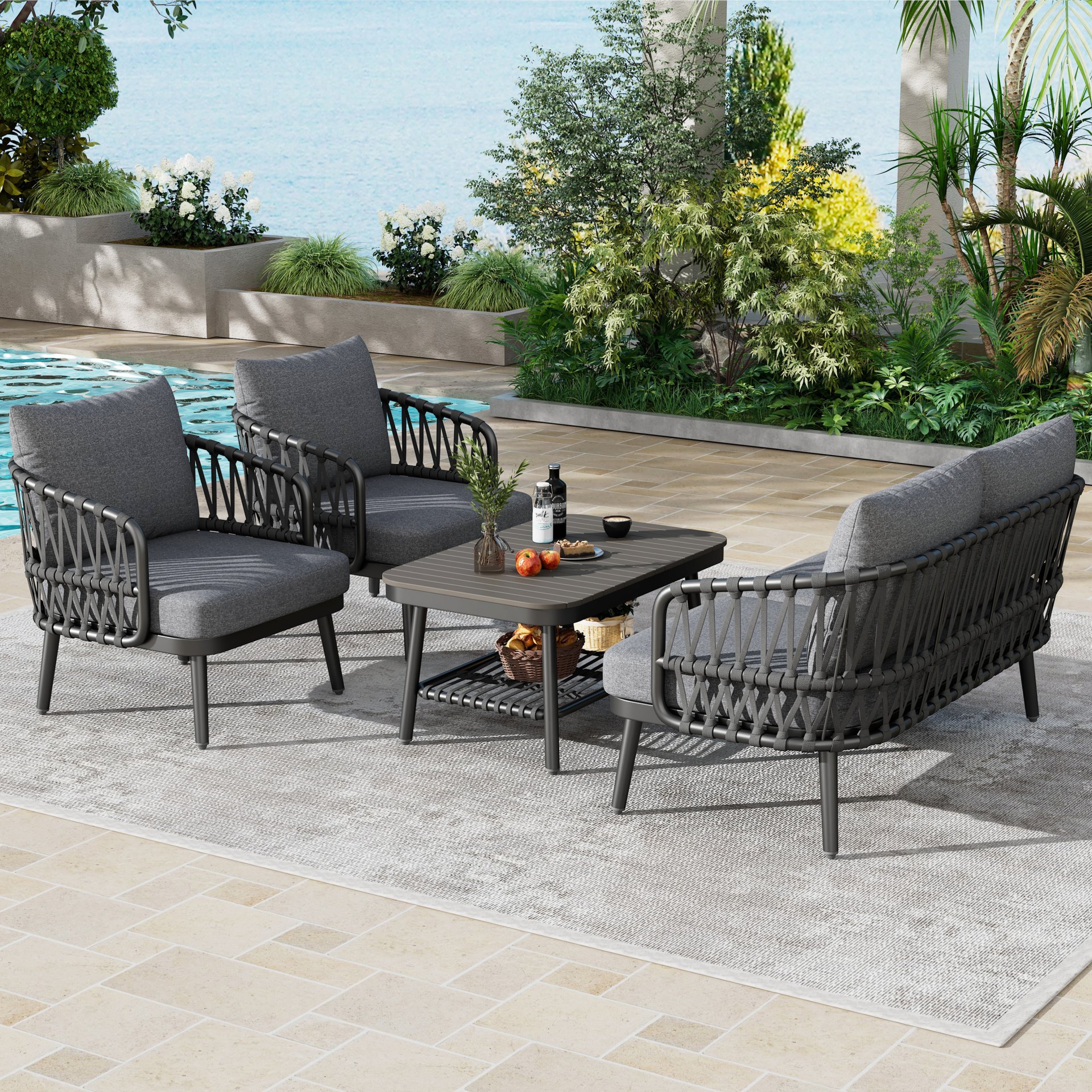 4 Piece Outdoor Patio Furniture Set, Metal Chairs With Woven Rope U Shaped Backrest, Outdoor Conversation Set With Thick Cushions And Coffee Table For Garden, Poolside, Balcony - Black / Gray - Image 5