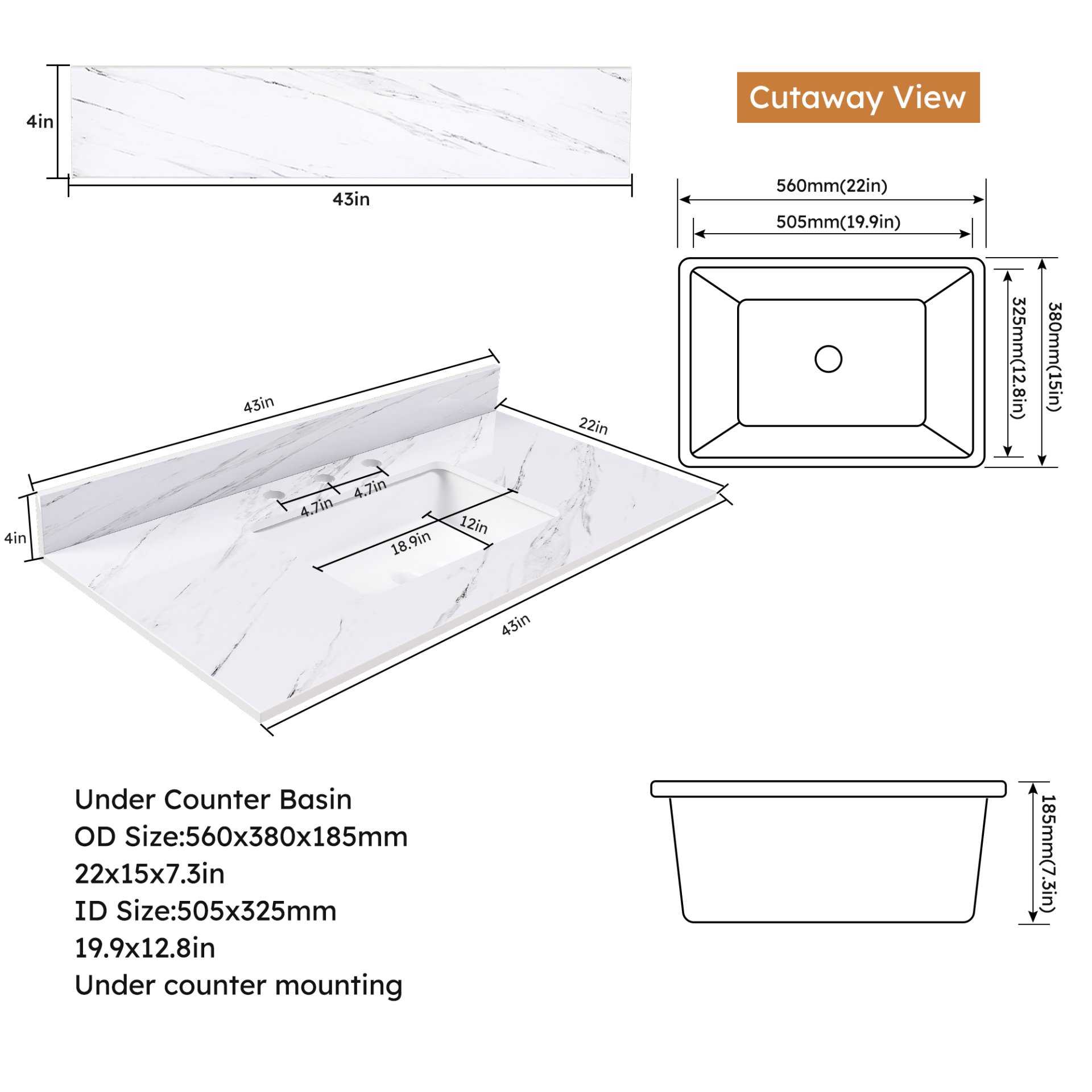 Elegant Marble Vanity Top, 43" Bathroom Vanity With Undermount Sink Sintered Stone, Bianco Carrara Venato - White - Image 7