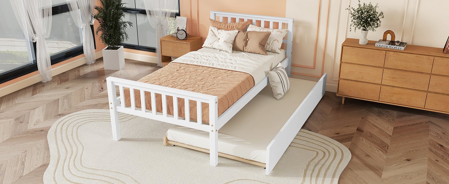 Twin Bed With Trundle, Platform Bed Frame With Headboard And Footboard, For Bedroom Small Living Space, No Box Spring Needed - White - Image 8