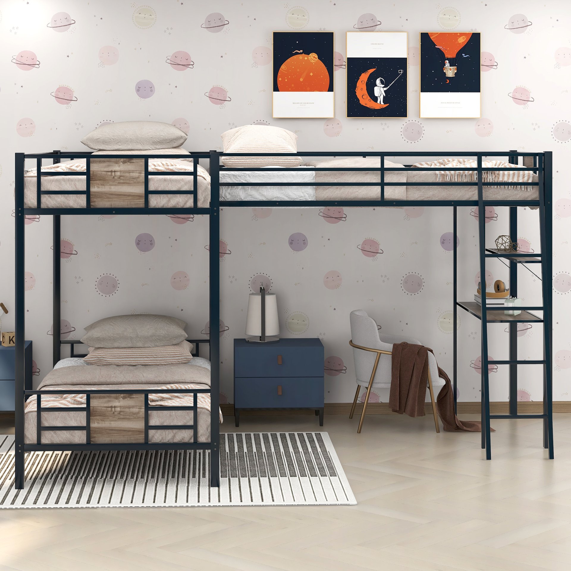 L-Shaped Twin Over Twin Bunk Bed With Twin Size Loft Bed With Desk And Shelf - Brown - Image 4