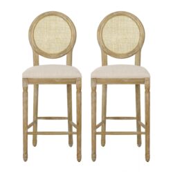 Country Chic Bar Stools (Set of 2) With Rattan Backrest And Upholstered Seat - Beige / Natural