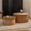 Vintage Fashion Style Cylindrical Nesting Coffee Table Set With Vertical Textured Embossed Design - Natural - Image 2
