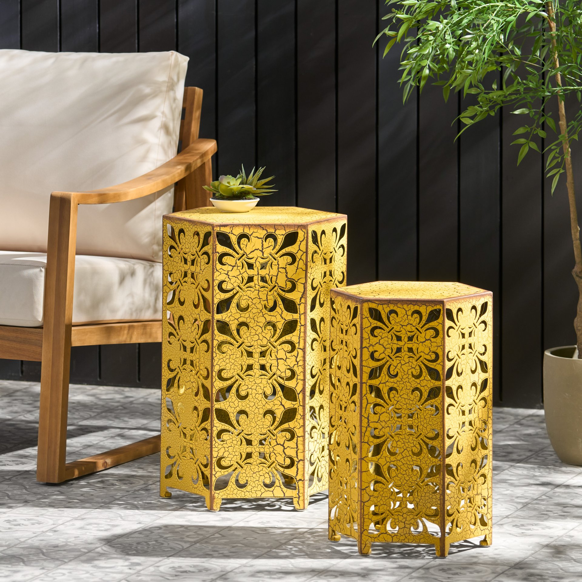 Outdoor Hexagonal Accent Table Set With Charming Fleur De Lis Panel Sides - Antique Yellow - Image 2