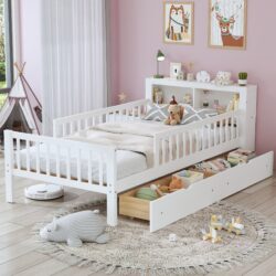 Twin Size Bed With Headboard Storage Rack, 2 Under Bed Drawers, 3 - Side Guardrails For Safety And Security - White