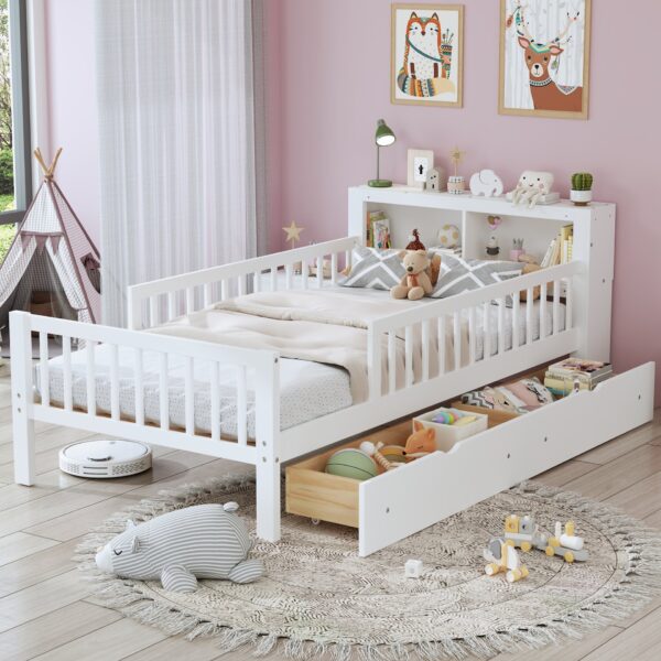 Twin Size Bed With Headboard Storage Rack, 2 Under Bed Drawers, 3 - Side Guardrails For Safety And Security - White
