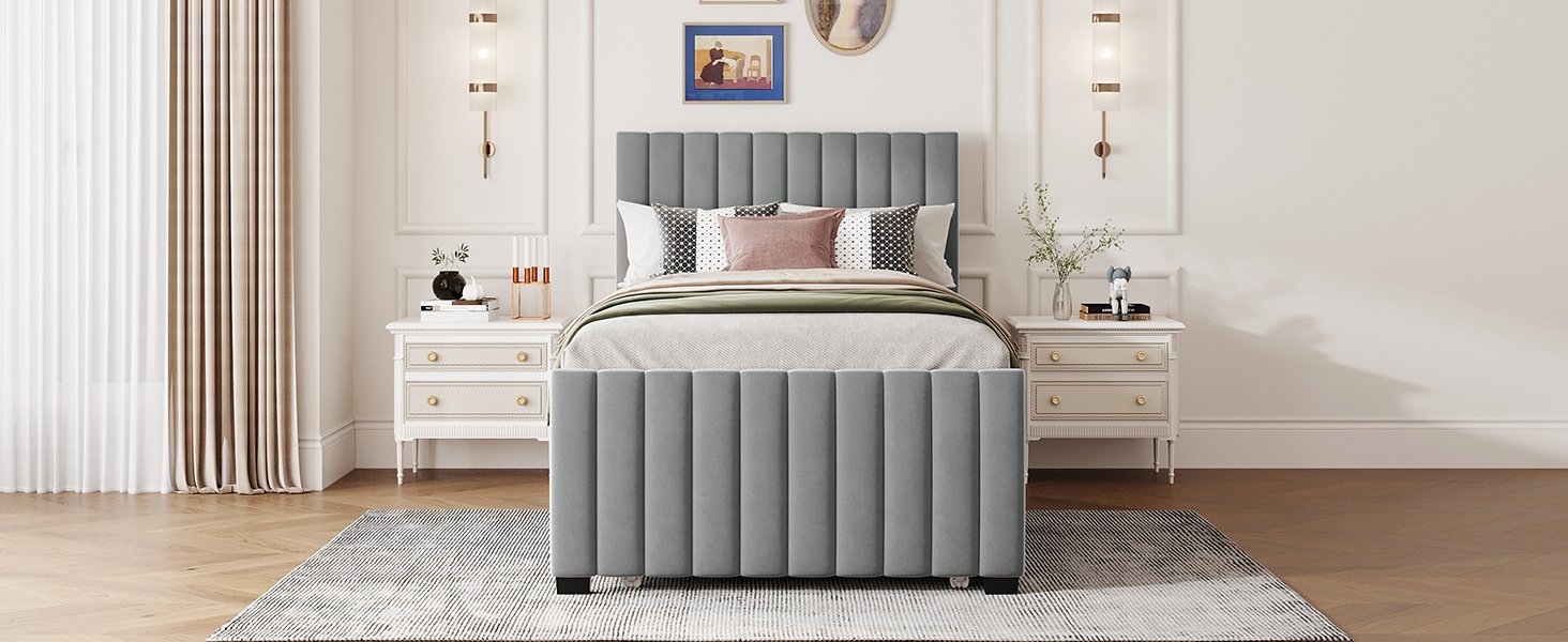 Twin Size Upholstered Platform Bed With Twin Size Trundle - Gray - Image 12